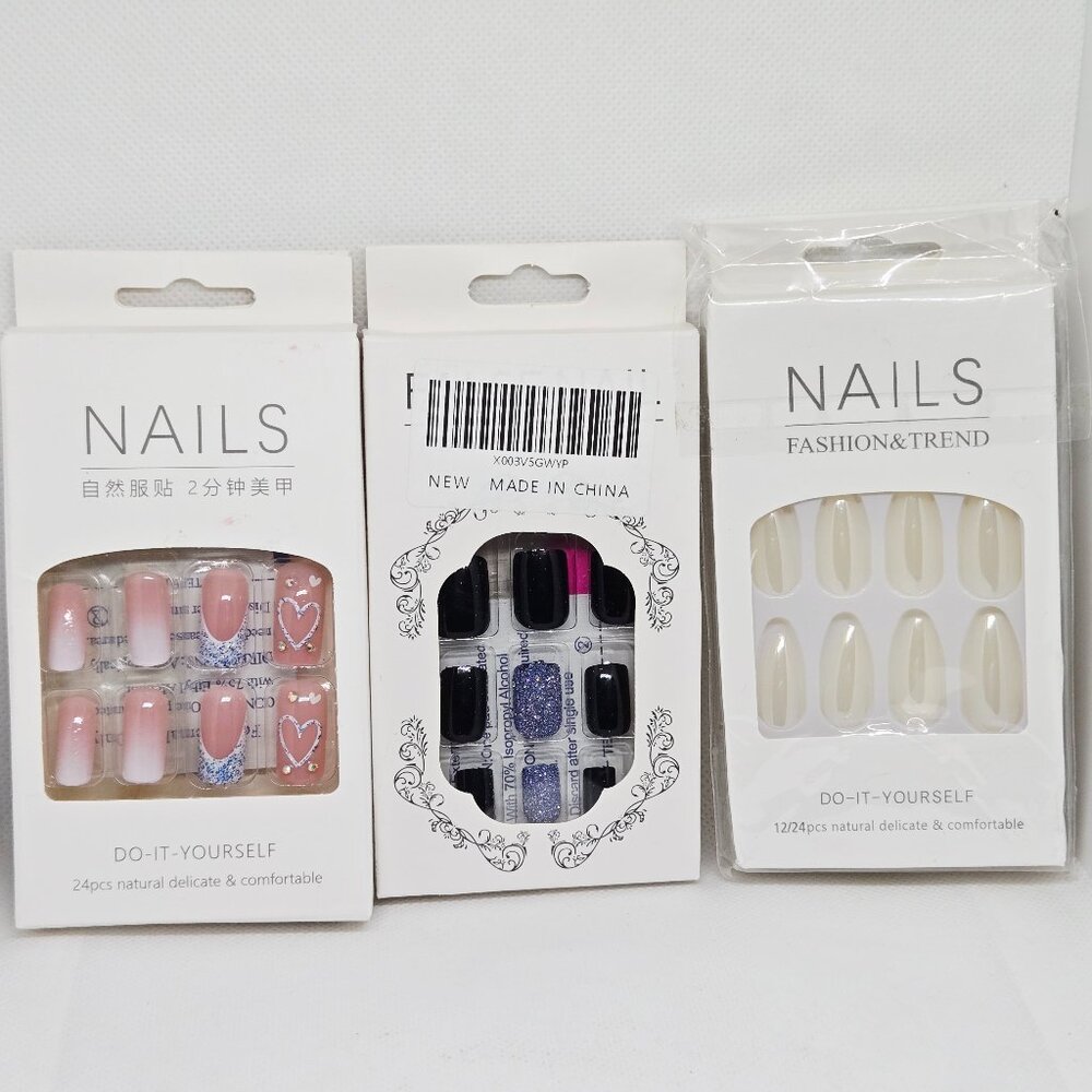 3 BOXES NATURAL PRESS ON NAILS PINK HEARTS, BLACK GLITTER & WHITE NIB 72 TOTAL
